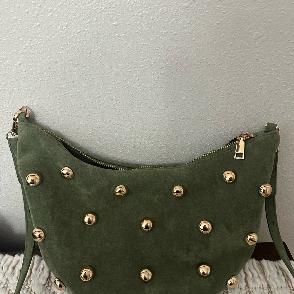 Anthropologie Olive Suede Shoulder Bag with Gold Accents